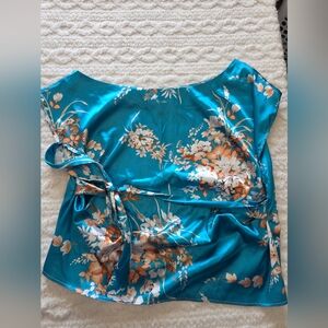 Shein Blue & Orange Floral Satin Tie Top — NWOT